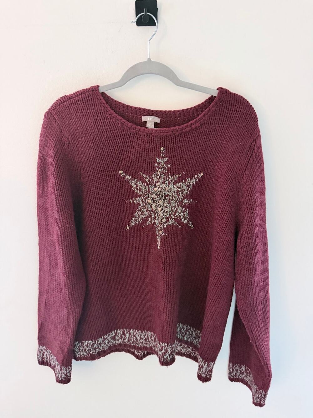 J.Jill Burgundy Wool Blend Holiday Beaded Embroidered Knit Sweater-Size XL